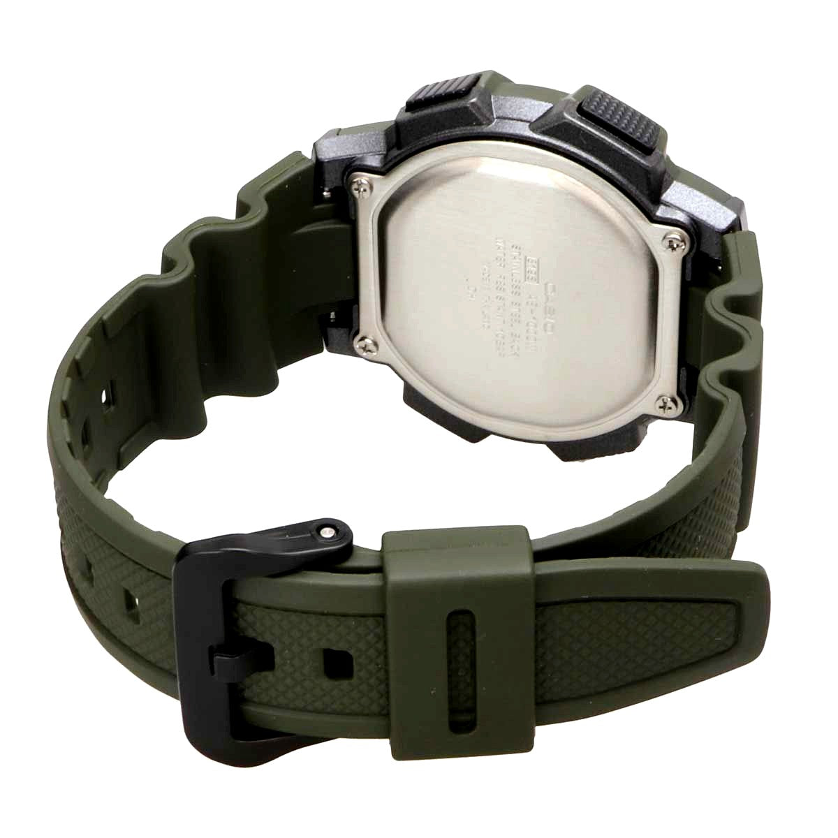 Casio AE-1000W-3AV digital wristwatch showing world time display in green color