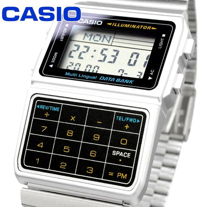 Casio Data Bank DBC-611-1 retro quartz watch with calculator, stainless steel band, Japan import