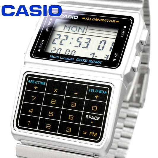 Casio Data Bank DBC-611-1 retro quartz watch with calculator, stainless steel band, Japan import
