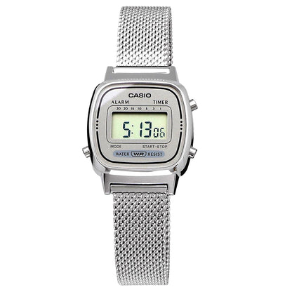 Casio LA670WEM-7 silver stainless steel band quartz watch with grey dial and resin case