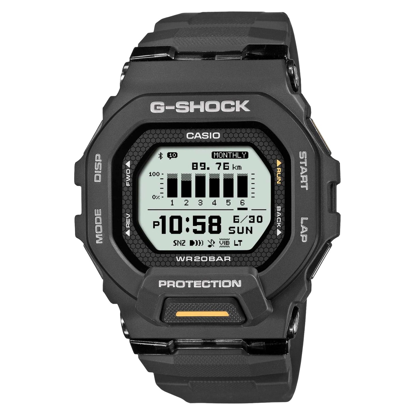 Casio G-Shock GBD-200-1A1JF sports watch with black resin case and band, Bluetooth connectivity, and digital display