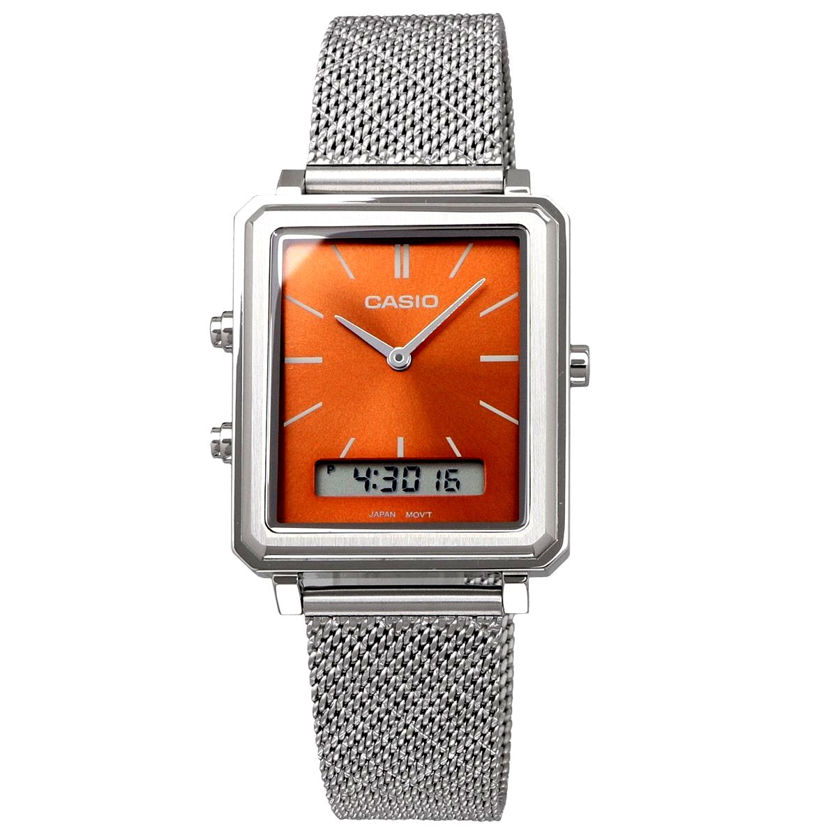 Casio MTP-B205M-5E watch with brown metallic dial and silver stainless steel mesh band