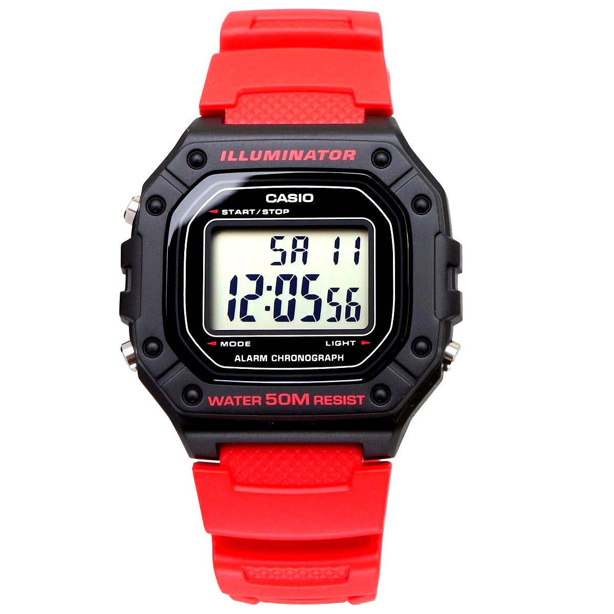 Casio W-218H-4BV digital watch with red resin case and belt showing time display