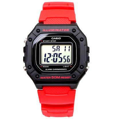 Casio W-218H-4BV digital watch with red resin case and belt showing time display