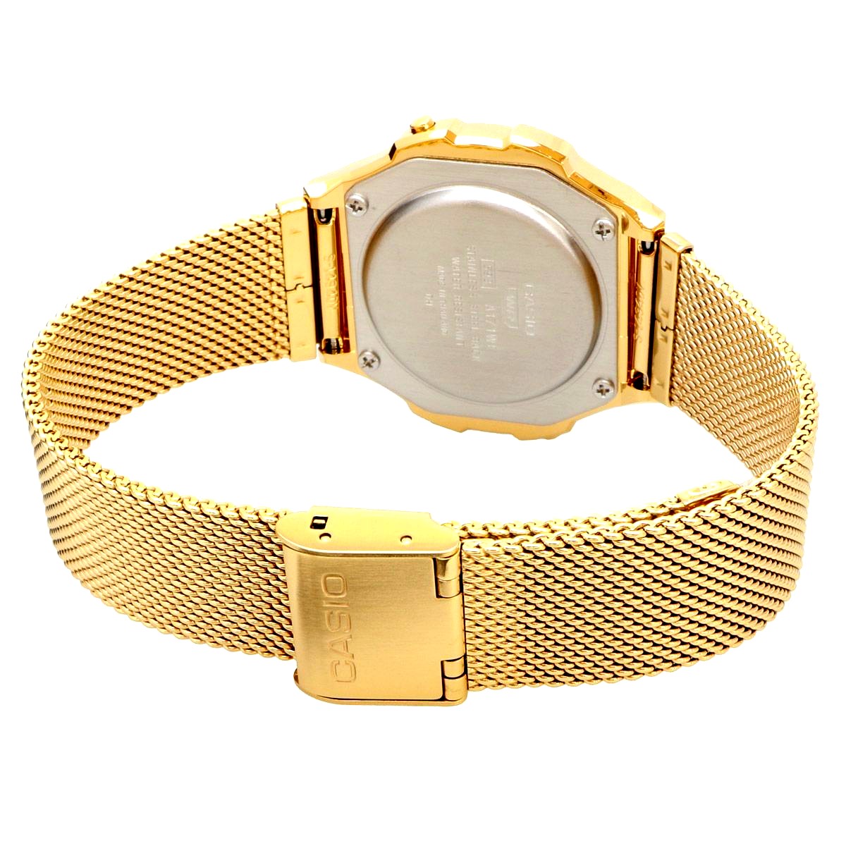 Casio A171WEMG-9A gold analog wristwatch with stainless steel band and quartz movement