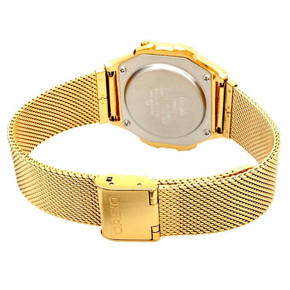 Casio A171WEMG-9A gold analog wristwatch with stainless steel band and quartz movement