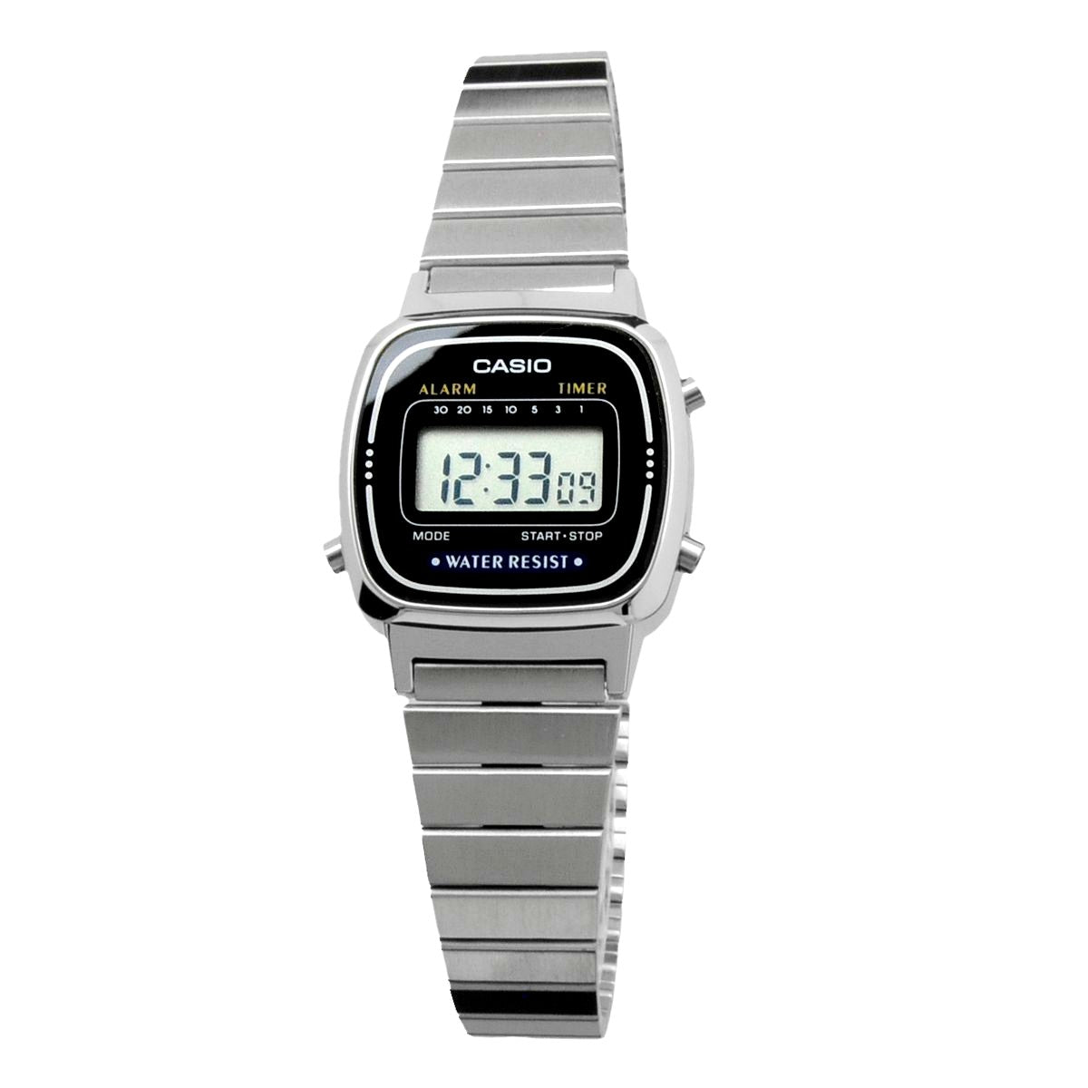 Casio LA670WA-1 watch with black resin case, silver stainless steel band, and digital display