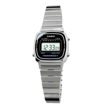 Casio LA670WA-1 watch with black resin case, silver stainless steel band, and digital display
