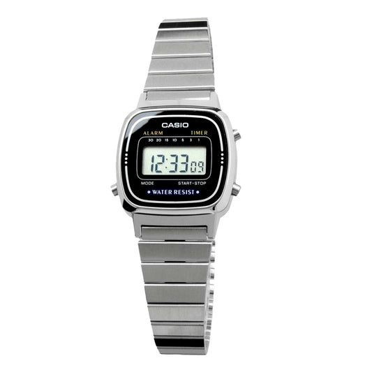 Casio LA670WA-1 watch with black resin case, silver stainless steel band, and digital display