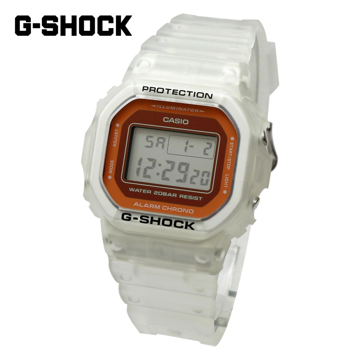 Casio G-Shock DW-5600LS-7JF digital square watch with fluorescent orange transparent skeleton case and metallic face