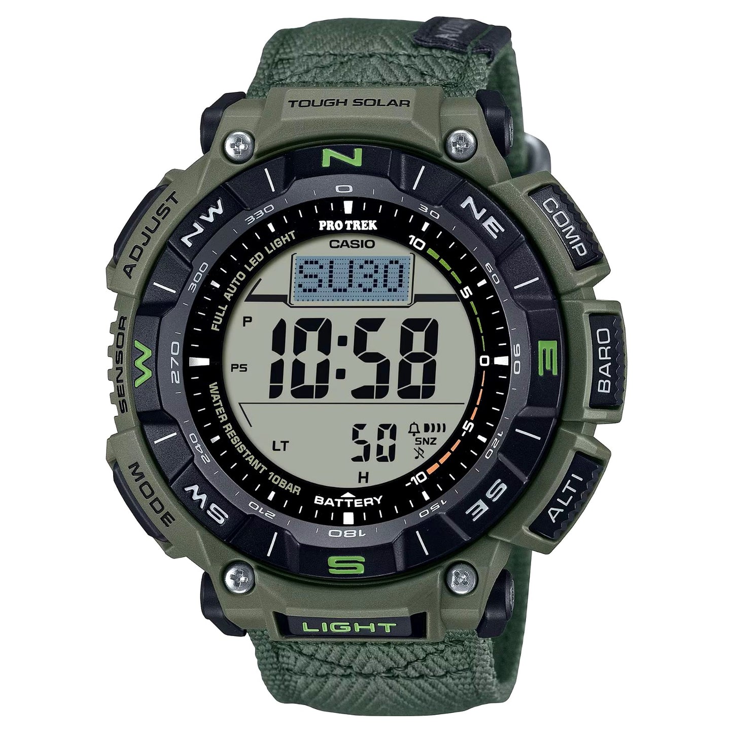 Casio PRO TREK PRG-340B-3JF digital solar watch with compass and altimeter, black resin case and bio-based nylon band