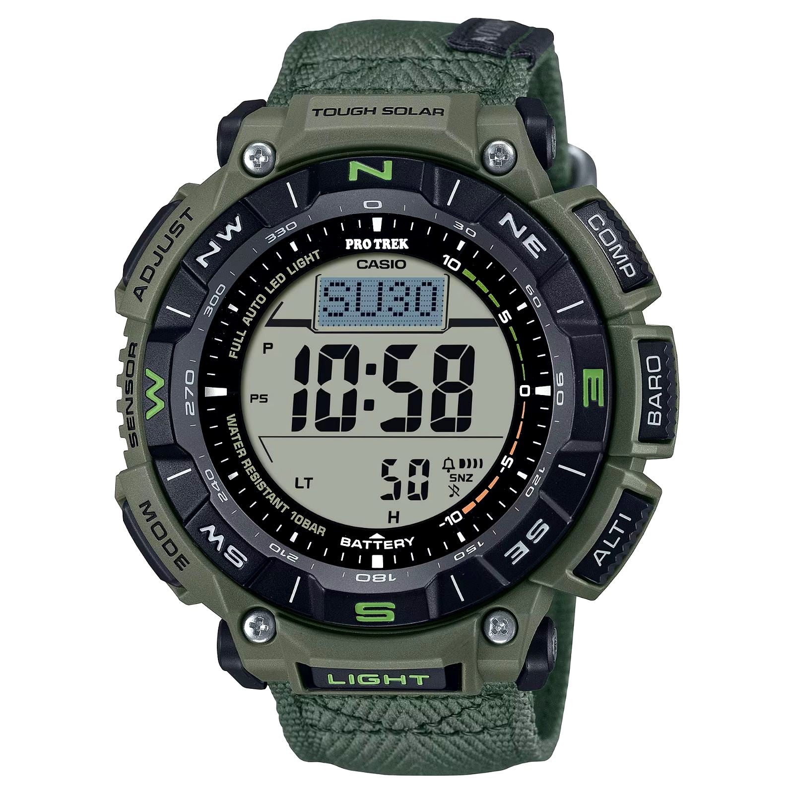 Casio PRO TREK PRG-340B-3JF digital solar watch with compass and altimeter, black resin case and bio-based nylon band