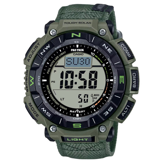Casio PRO TREK PRG-340B-3JF digital solar watch with compass and altimeter, black resin case and bio-based nylon band