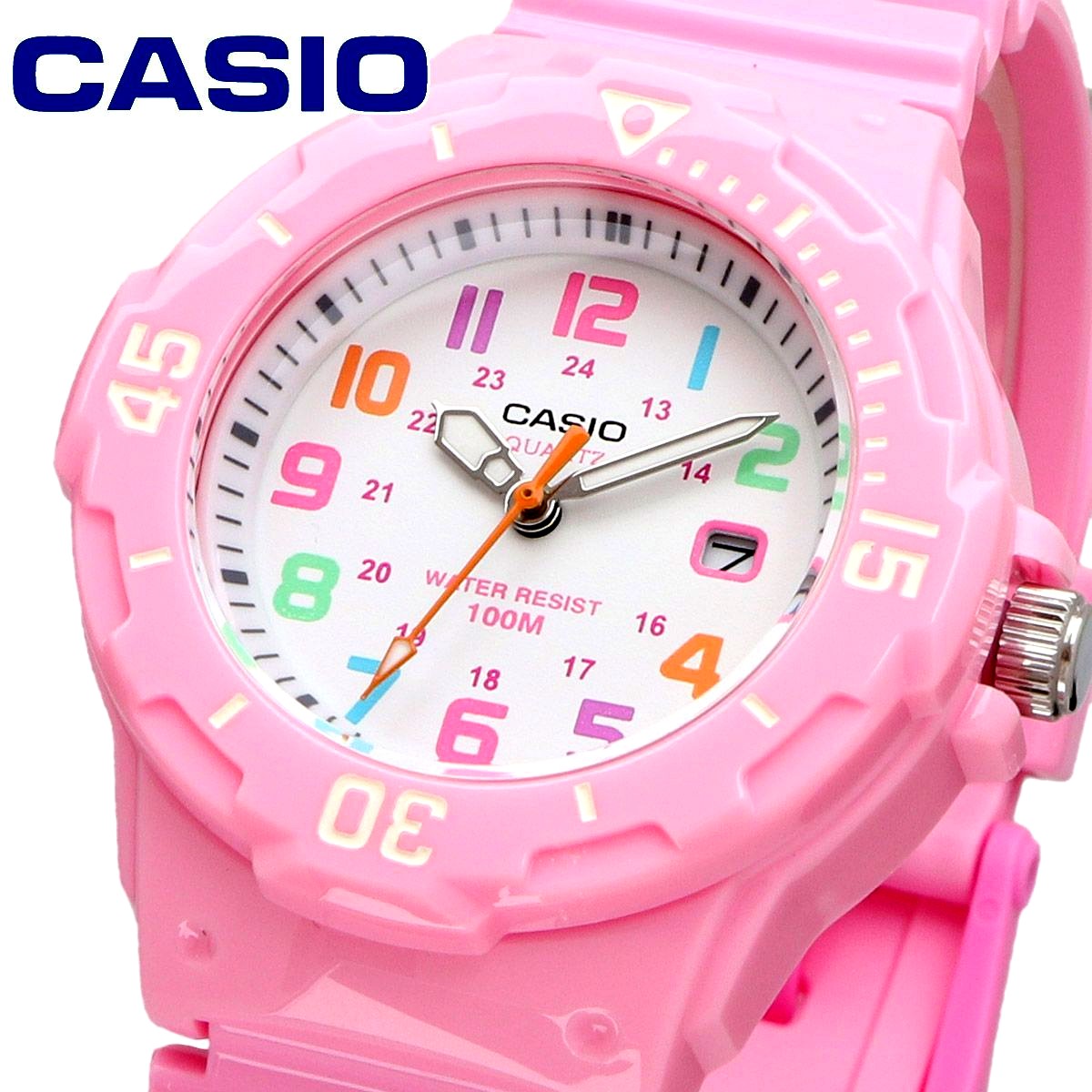 Casio LRW-200H-4B2V watch with white dial and pink rectangular resin case and band