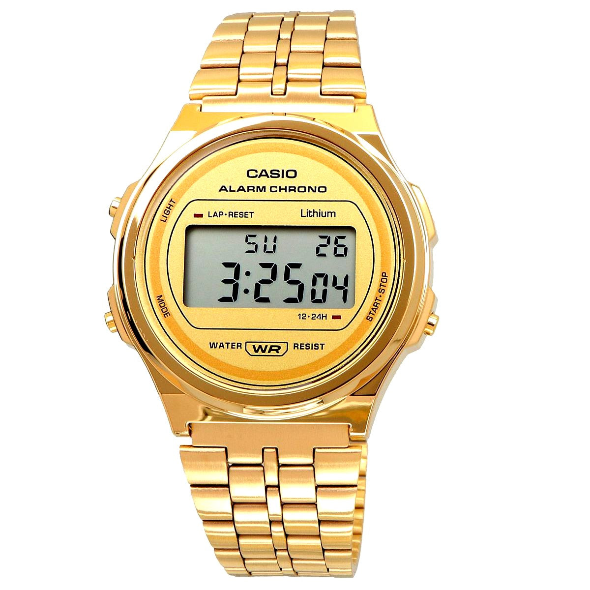 Casio A171WEG-9A unisex vintage quartz watch with gold dial and stainless steel band