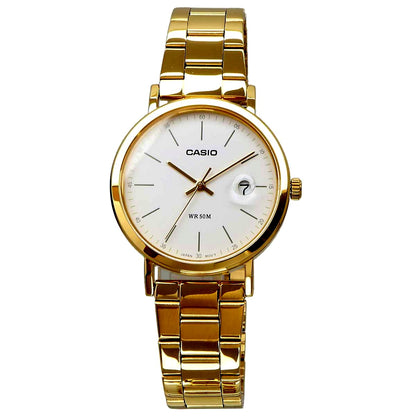Casio Quote-A-Price LTP-E175G-7EV watch with white dial, gold stainless steel band, and date calendar