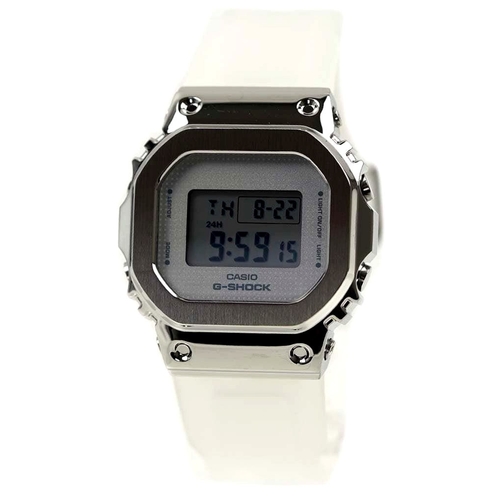 Casio G-Shock GM-S5600SK-7DR unisex digital watch with gray dial, silver case, and clear skeleton strap