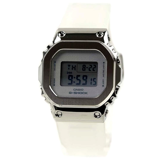 Casio G-Shock GM-S5600SK-7DR unisex digital watch with gray dial, silver case, and clear skeleton strap