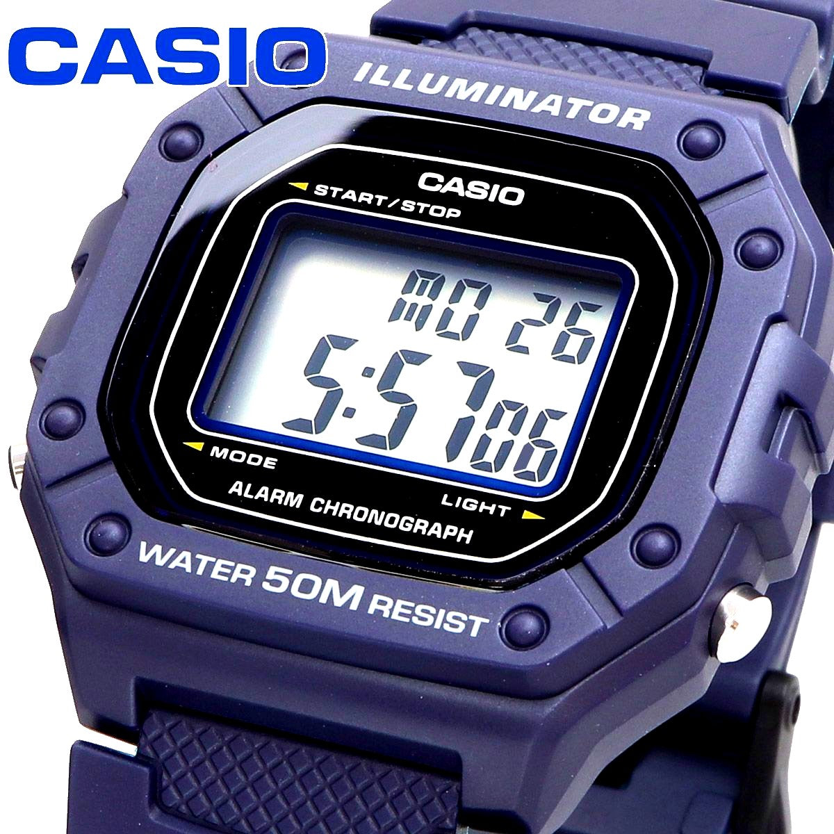 Casio W-218H-2AV watch with blue resin strap and digital display showing time and date