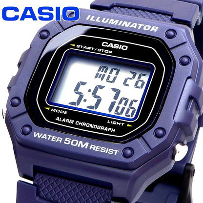 Casio W-218H-2AV watch with blue resin strap and digital display showing time and date