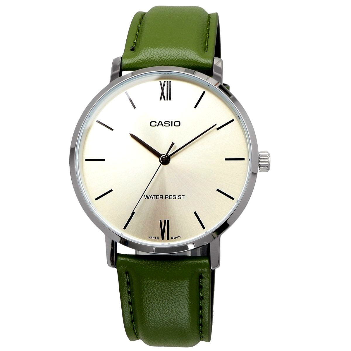 Casio MTP-VT01L-3B unisex quartz watch with stainless steel case and green synthetic leather strap