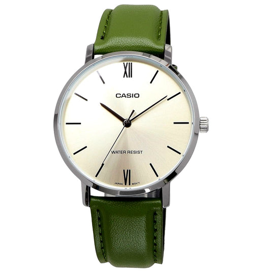 Casio MTP-VT01L-3B unisex quartz watch with stainless steel case and green synthetic leather strap