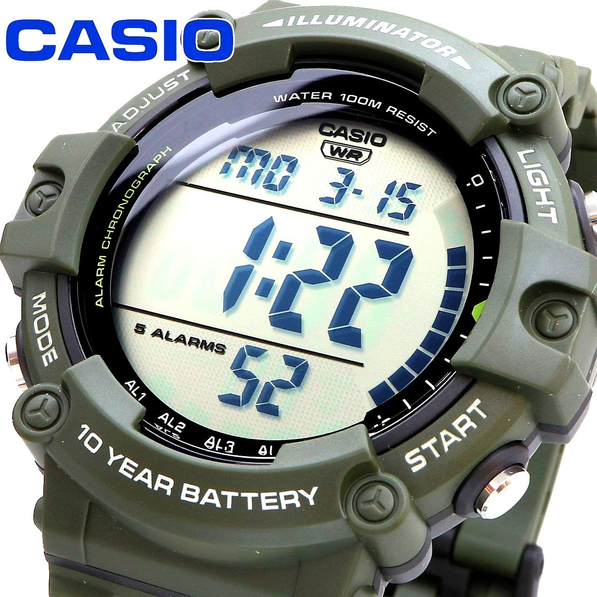 Casio A-1500WHX-3A digital resin watch with olive green band showing LED display