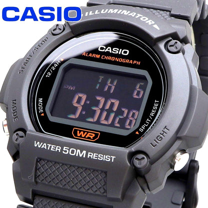 Casio W-219H-8BV digital watch with gray resin case and band, digital display