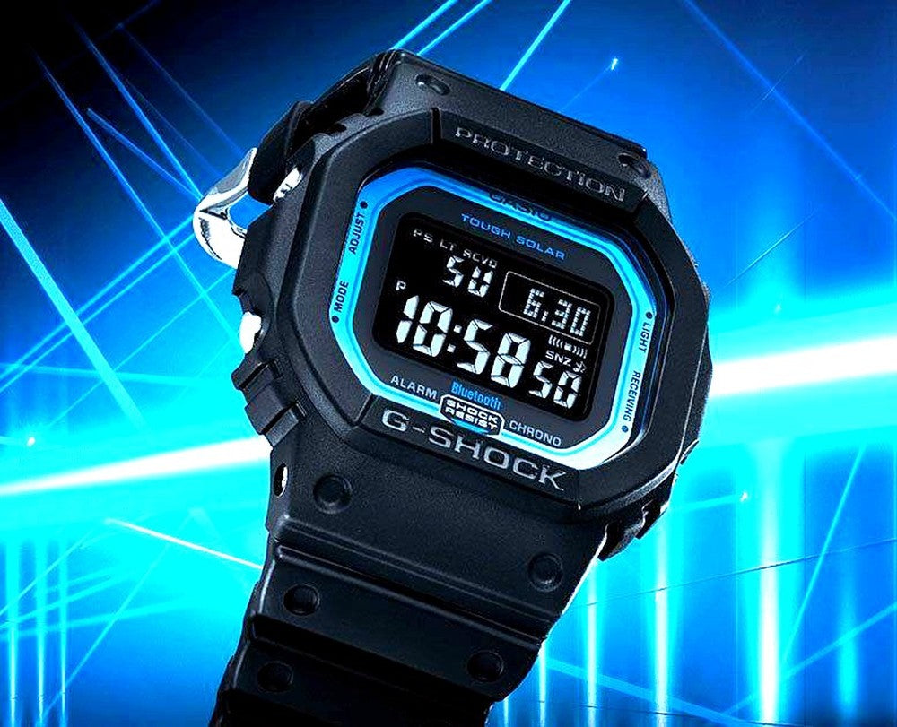 Casio G-Shock GW-B5600-2DR digital watch with blue resin band and digital display