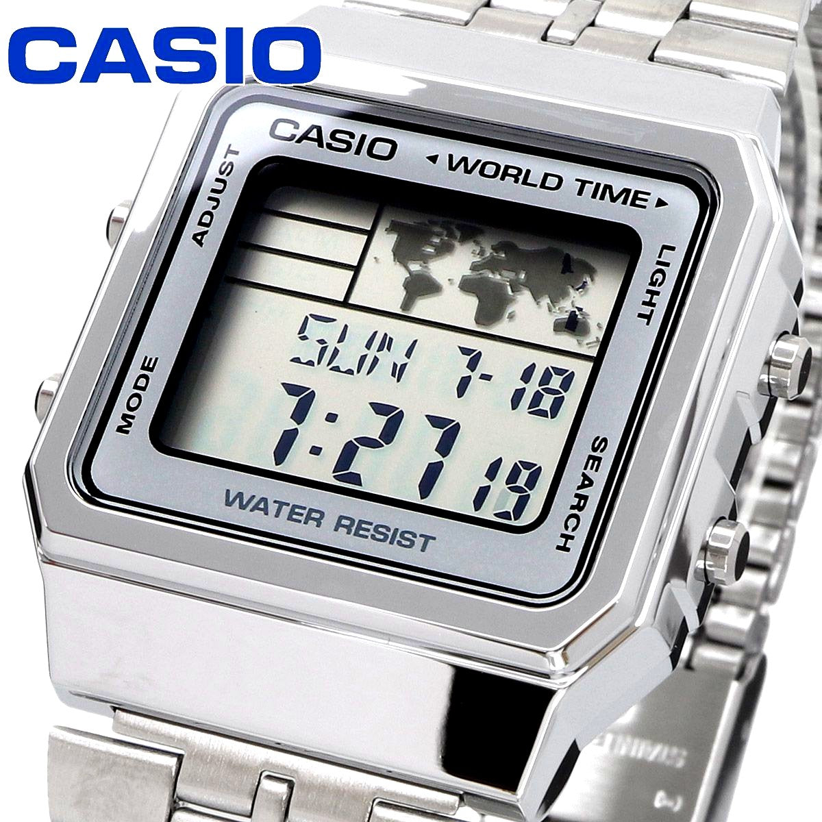 Casio A500WA-7 quartz watch with silver stainless steel band and white digital display