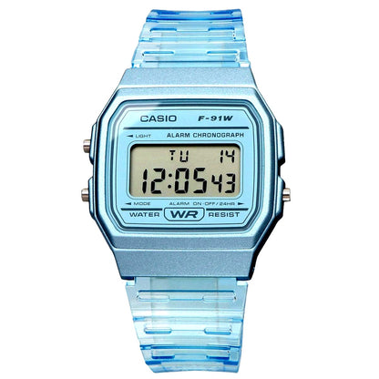 Casio F-91WS-2 digital watch with blue dial and blue skeleton resin band Japan import