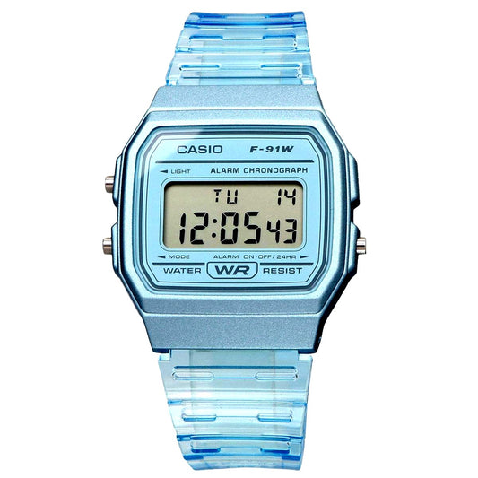 Casio F-91WS-2 digital watch with blue dial and blue skeleton resin band Japan import
