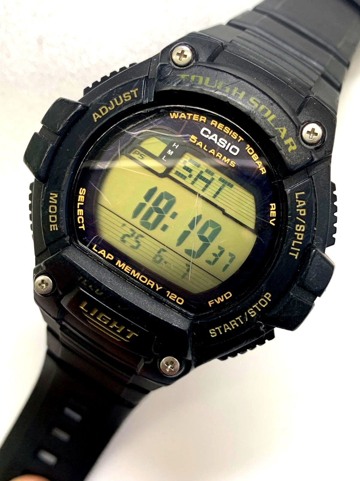 Casio W-S220 solar-powered watch with black dial, body only, showing used condition