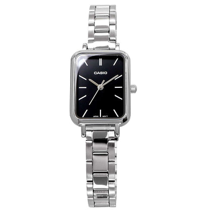 Casio LTP-V009D-1E quartz watch with black dial and silver stainless steel band