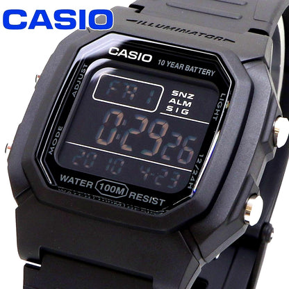 Casio W-800H-1BV digital watch with black resin case and band showing the digital display