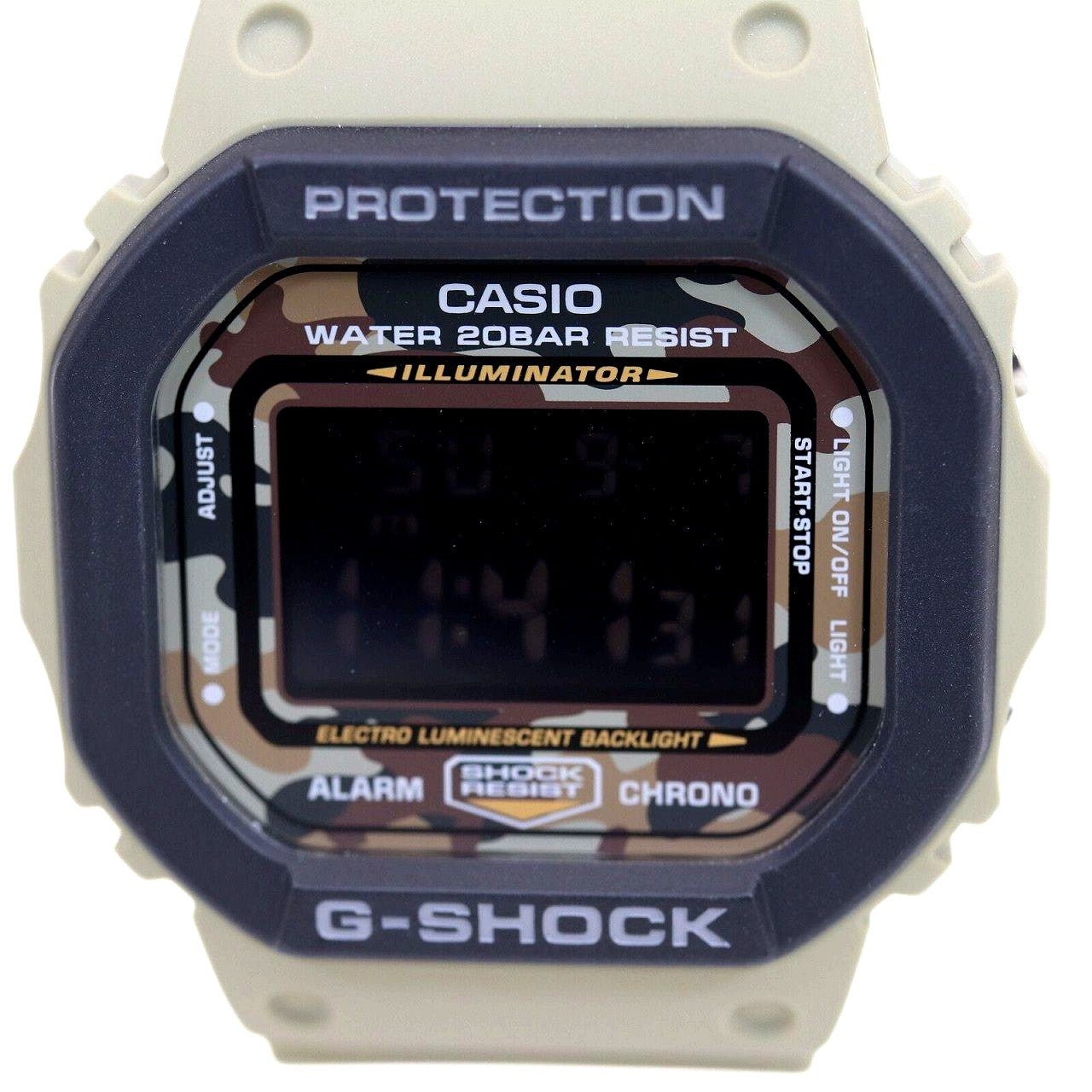 Casio G-Shock DW-5610SUS watch with khaki camouflage pattern and digital display