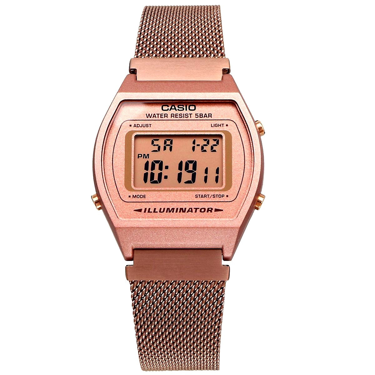 Casio B640WMR-5A digital watch with pink LCD display, pink gold resin case and stainless steel band