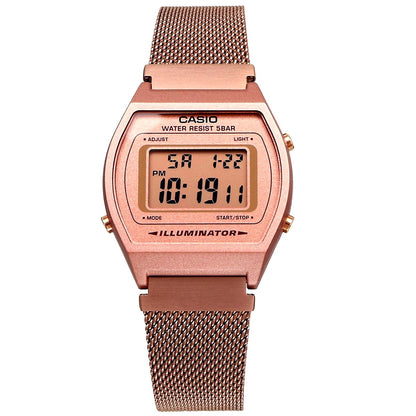 Casio B640WMR-5A digital watch with pink LCD display, pink gold resin case and stainless steel band