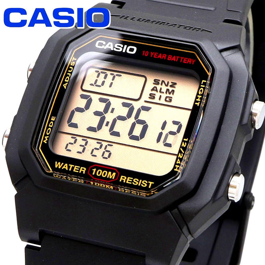 Casio W-800HG-9AV watch with resin case and band, black dial with gold LCD, Japan import