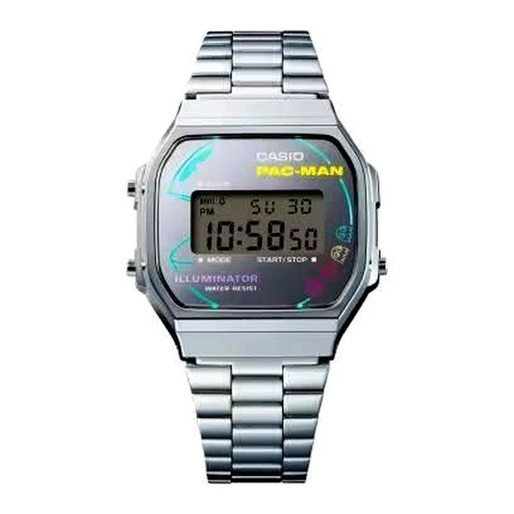 Casio A168WEPC-7AJR Pac-Man collaboration limited edition watch with resin case and stainless steel band