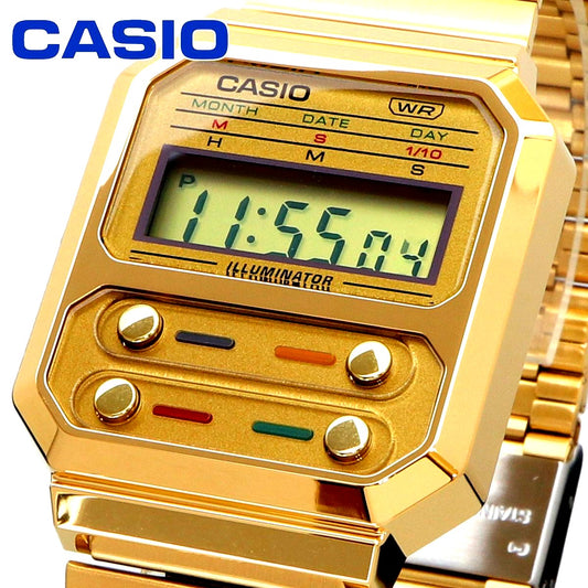 Casio A100 Series F-100 Retro Digital Watch Model A100WEG-9A with gold dial resin and stainless steel design