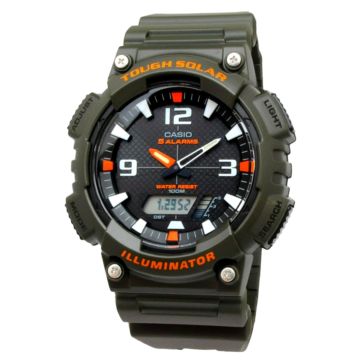 Casio AQ-S810W-3AV solar-powered watch with khaki resin strap and black dial, water resistant to 100 meters
