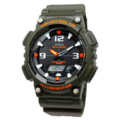 Casio AQ-S810W-3AV solar-powered watch with khaki resin strap and black dial, water resistant to 100 meters