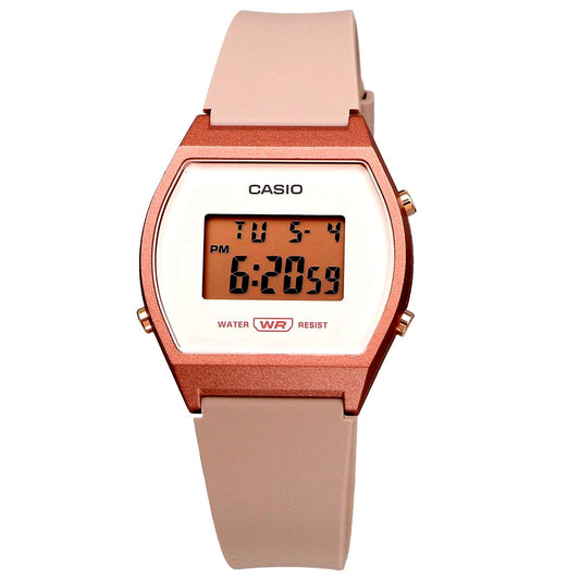 Casio Quartz Watch LW-204-4A with pink bezel and band, resin case, and 5 ATM water resistance