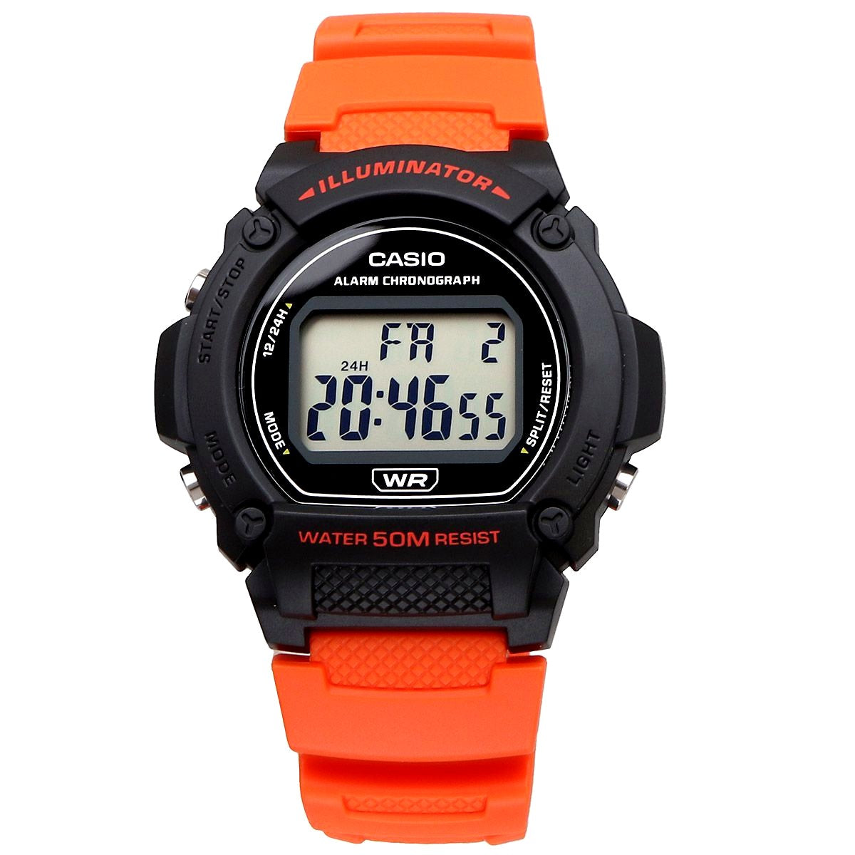 Casio W-219H-4AV digital watch with black resin band and LED backlight showing time on display