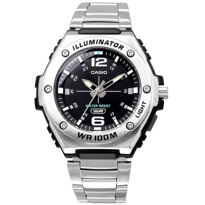 Casio MWA-100HD-1AV quartz watch with black dial and silver stainless steel band