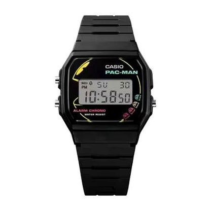 Casio Limited Edition Pac-Man F-91WPC-1AJR watch with colorful neon Pac-Man and ghost design