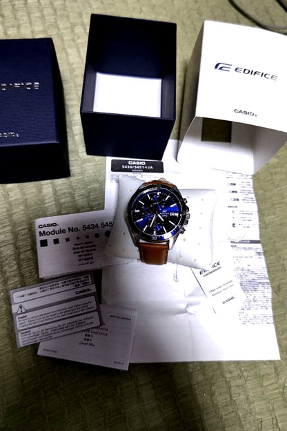 Casio Edifice wristwatch Model 5434 5451 with blue dial and brown leather strap