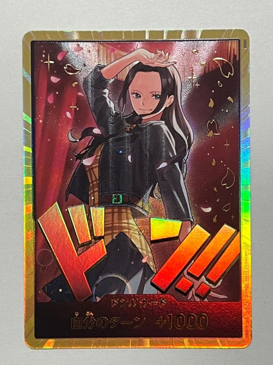 One Piece Card Game Robin Gold Don Super Parallel collectible card with protective sleeve