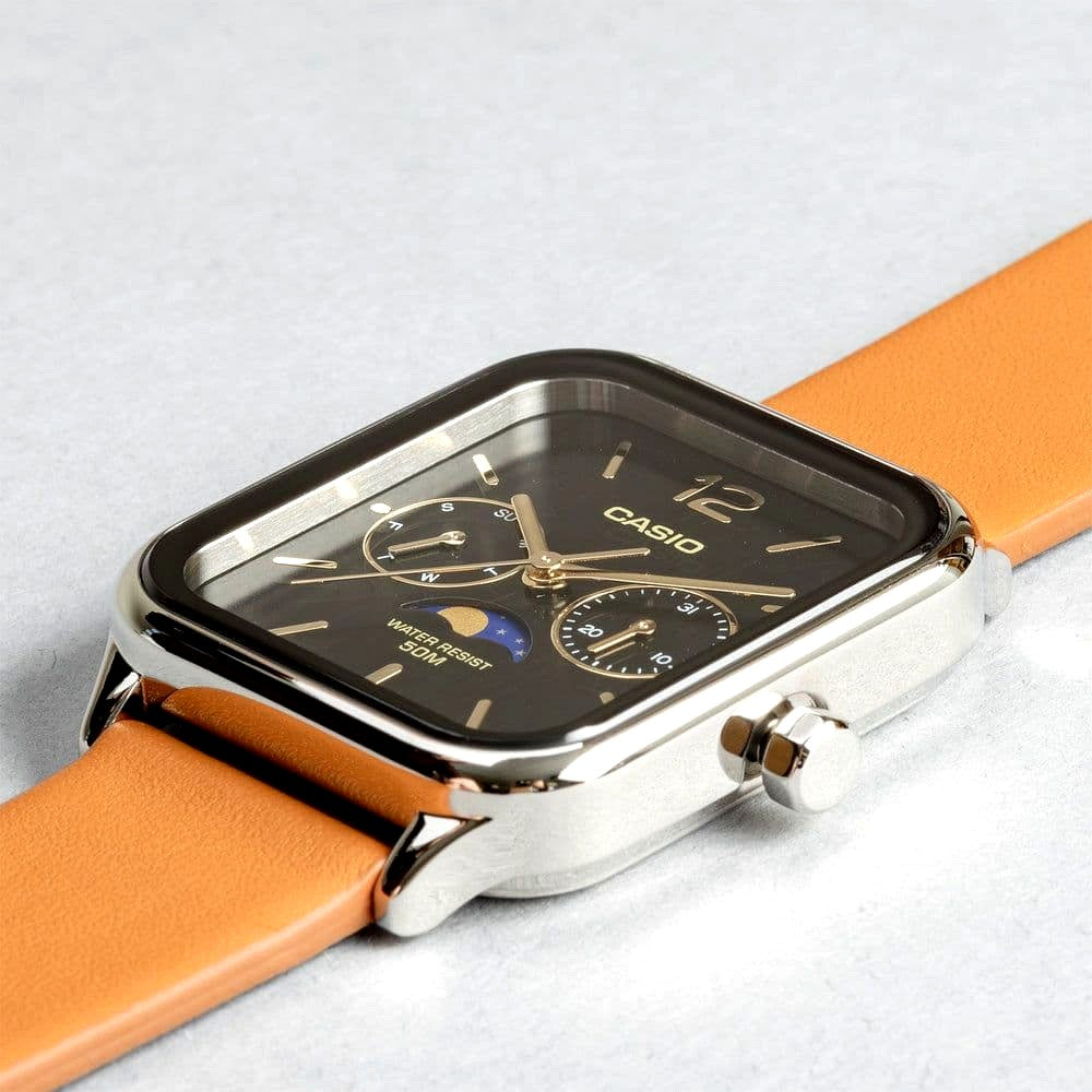Casio MTP-M305L-1A watch with square case, black dial, gold hands, and black leather strap